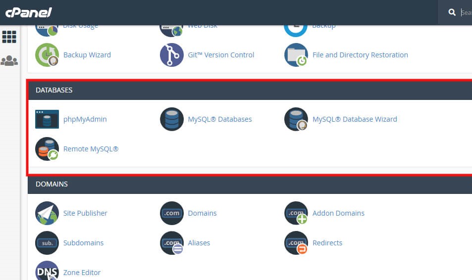 halaman cpanel untuk masuk phpmyadmin